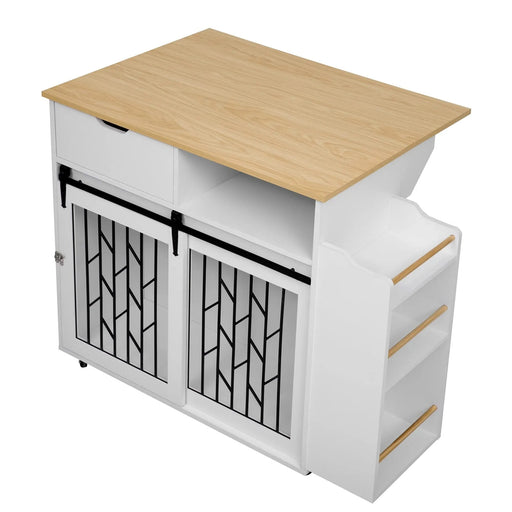 Modern Style 2-in-1 Pet Friendly Dog Crate Kitchen Island End Table Natural White MDF Metal Pine Default -DTYStore