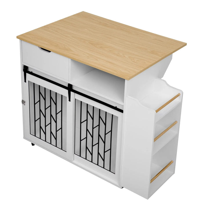 Modern Style 2-in-1 Pet Friendly Dog Crate Kitchen Island End Table Natural White MDF Metal Pine Default -DTYStore