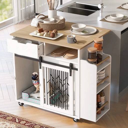 Modern Style 2-in-1 Pet Friendly Dog Crate Kitchen Island End Table Natural White MDF Metal Pine Default -DTYStore