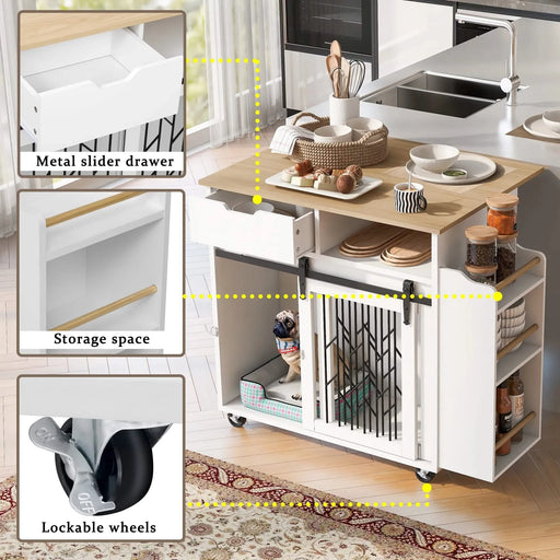 Modern Style 2-in-1 Pet Friendly Dog Crate Kitchen Island End Table Natural White MDF Metal Pine Default -DTYStore