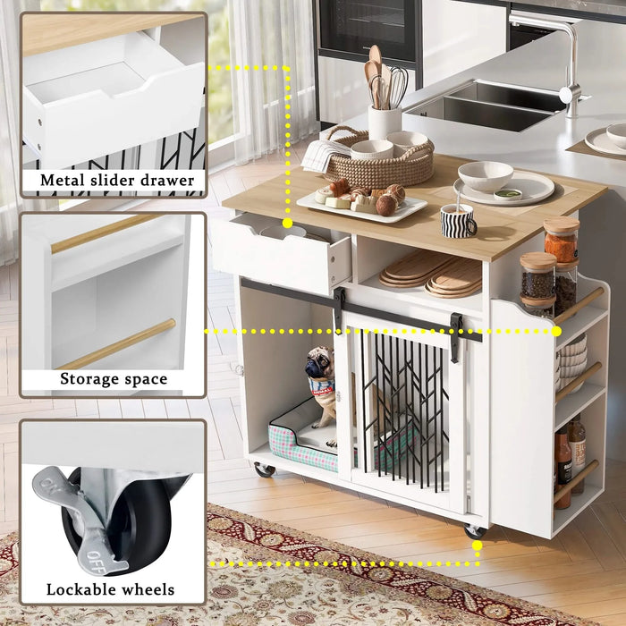Modern Style 2-in-1 Pet Friendly Dog Crate Kitchen Island End Table Natural White MDF Metal Pine Default -DTYStore