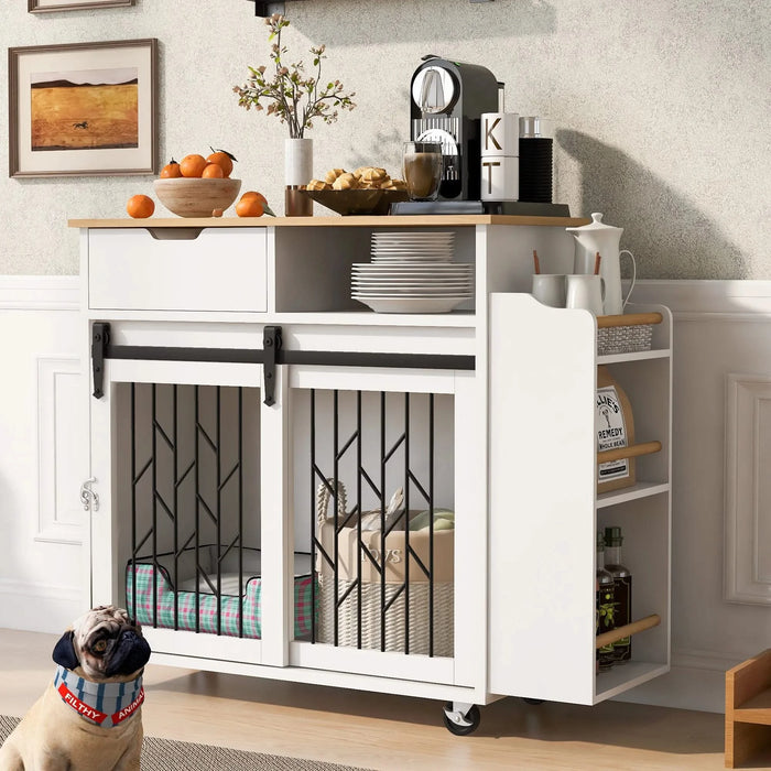 Modern Style 2-in-1 Pet Friendly Dog Crate Kitchen Island End Table Natural White MDF Metal Pine Default -DTYStore