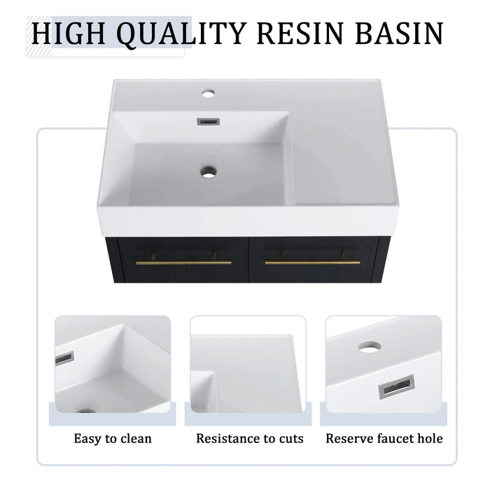 Modern Style 30 Inch Wall-Mounted Bathroom Vanity with Resin Sink and Storage Rack, Black Chestnut Plywood Default -DTYStore