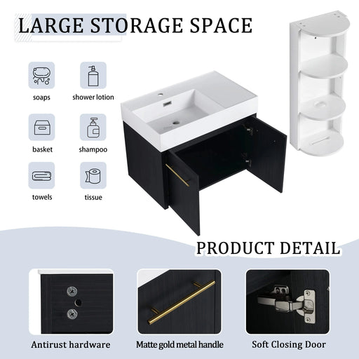 Modern Style 30 Inch Wall-Mounted Bathroom Vanity with Resin Sink and Storage Rack, Black Chestnut Plywood Default -DTYStore