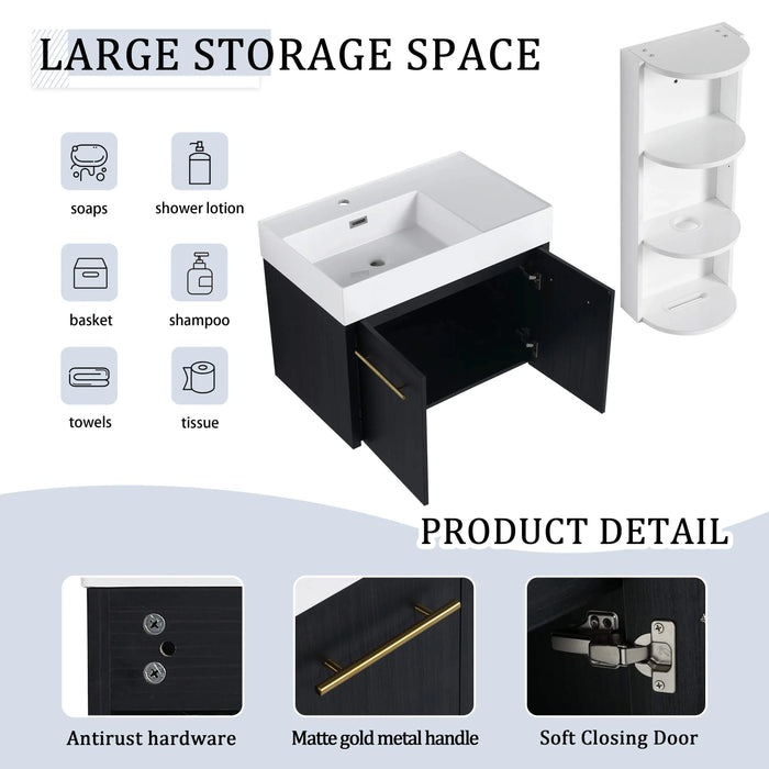 Modern Style 30 Inch Wall-Mounted Bathroom Vanity with Resin Sink and Storage Rack, Black Chestnut Plywood Default -DTYStore