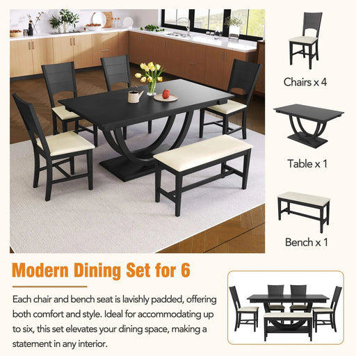Modern Style 6-Piece Wood Dining Table Set with Half Round Legs, Gray, Rubber Wood, Spacious Design Default -DTYStore