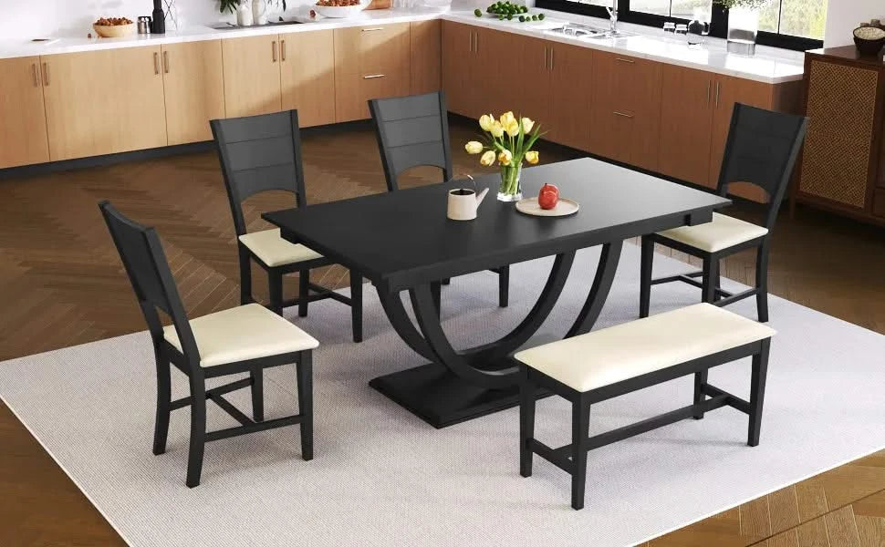 Modern Style 6-Piece Wood Dining Table Set with Half Round Legs, Gray, Rubber Wood, Spacious Design Default -DTYStore