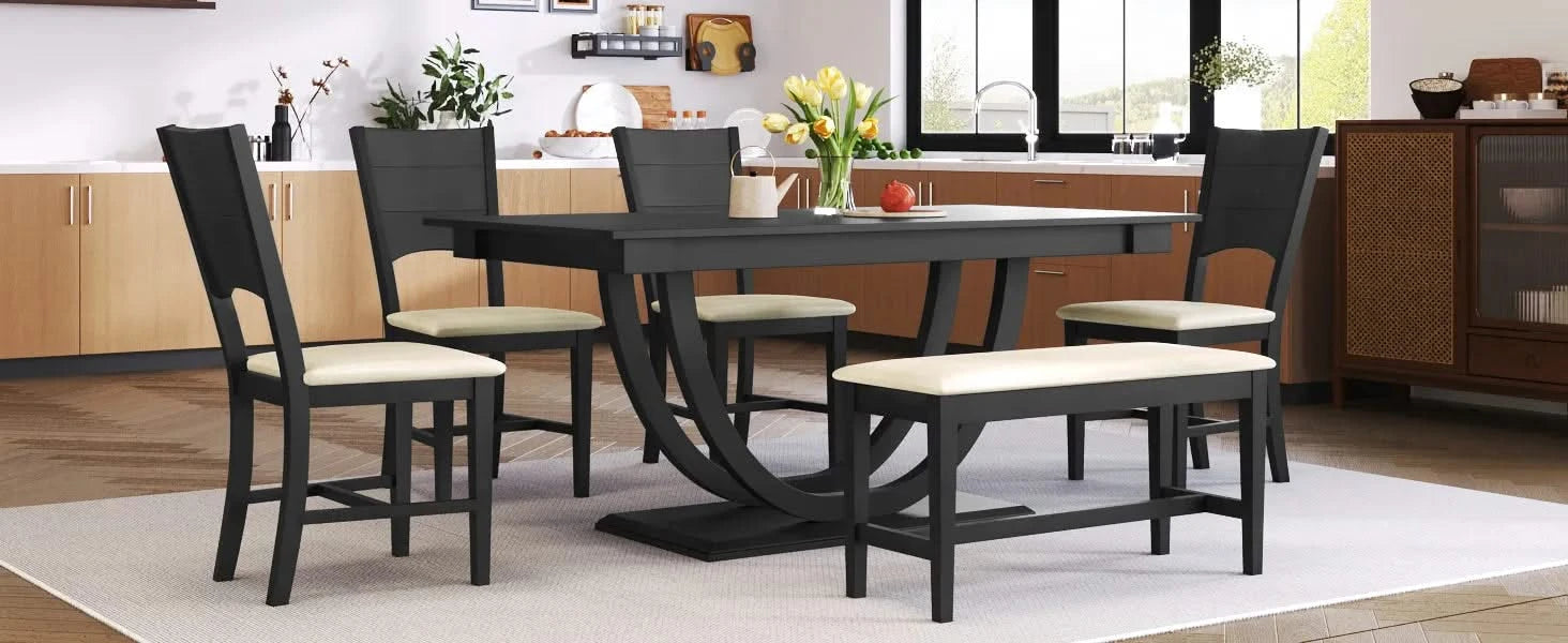 Modern Style 6-Piece Wood Dining Table Set with Half Round Legs, Gray, Rubber Wood, Spacious Design Default -DTYStore
