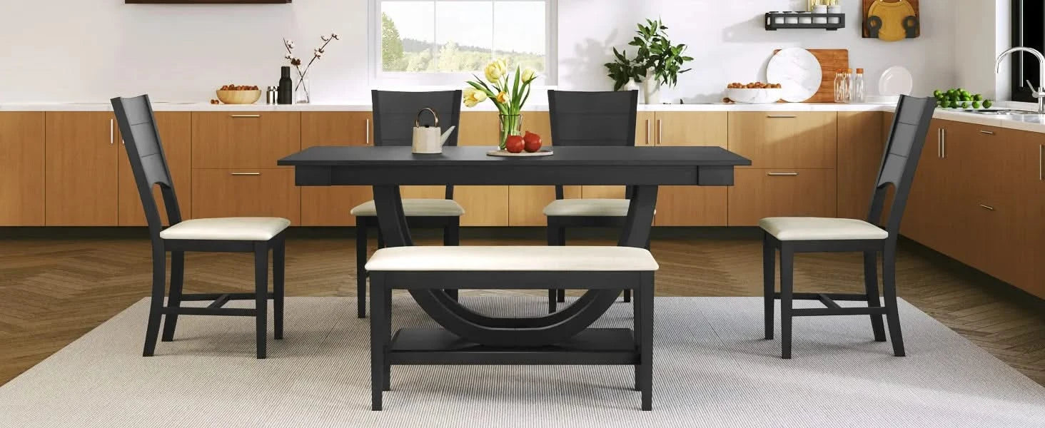 Modern Style 6-Piece Wood Dining Table Set with Half Round Legs, Gray, Rubber Wood, Spacious Design Default -DTYStore