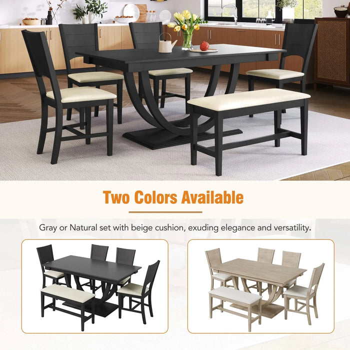 Modern Style 6-Piece Wood Dining Table Set with Half Round Legs, Gray, Rubber Wood, Spacious Design Default -DTYStore