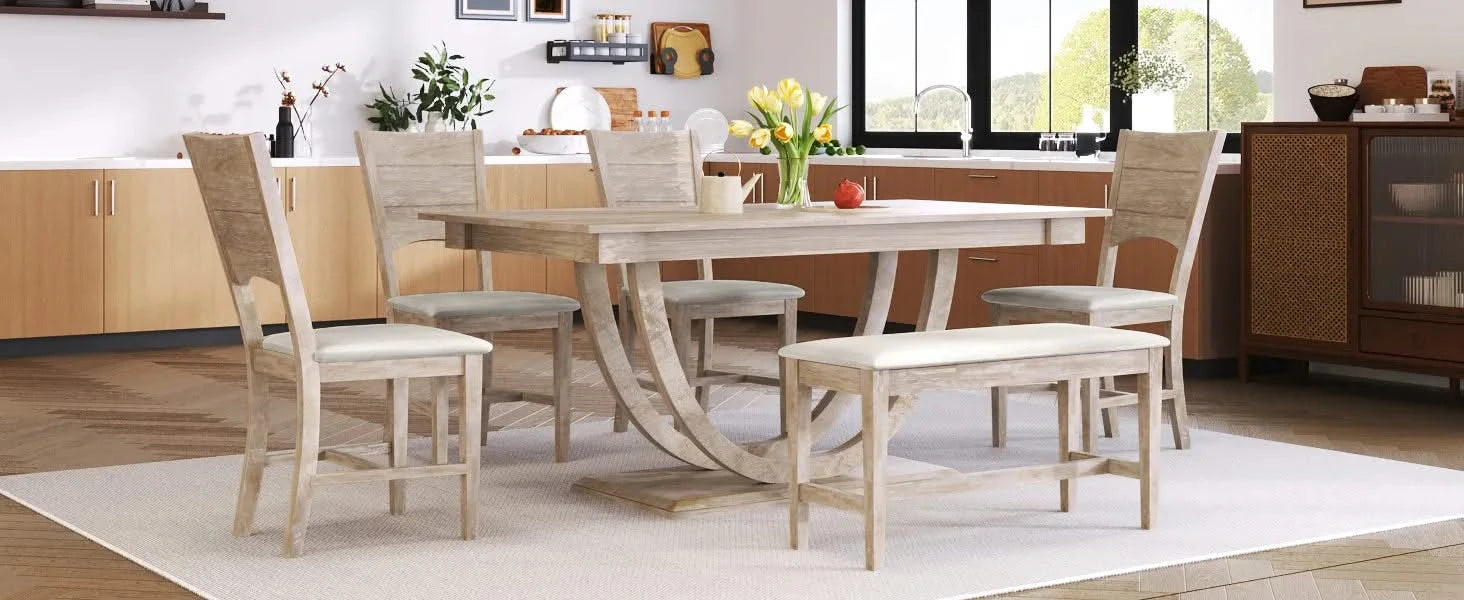 Modern Style Natural Wood 6-Piece Dining Table Set with Bench and Chairs, Upholstered Seats, Rubberwood Frame Default -DTYStore