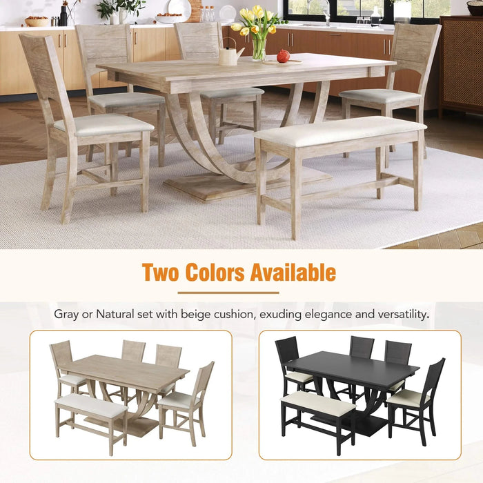 Modern Style Natural Wood 6-Piece Dining Table Set with Bench and Chairs, Upholstered Seats, Rubberwood Frame Default -DTYStore