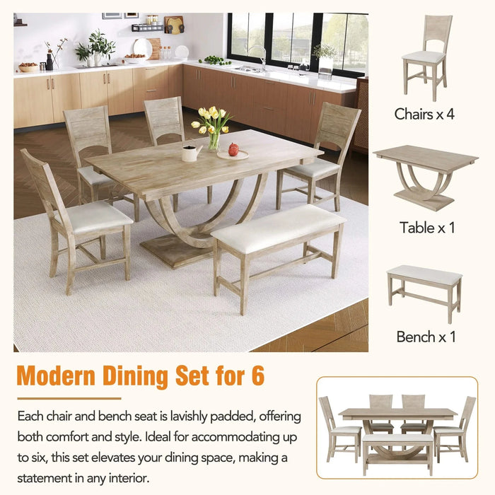 Modern Style Natural Wood 6-Piece Dining Table Set with Bench and Chairs, Upholstered Seats, Rubberwood Frame Default -DTYStore