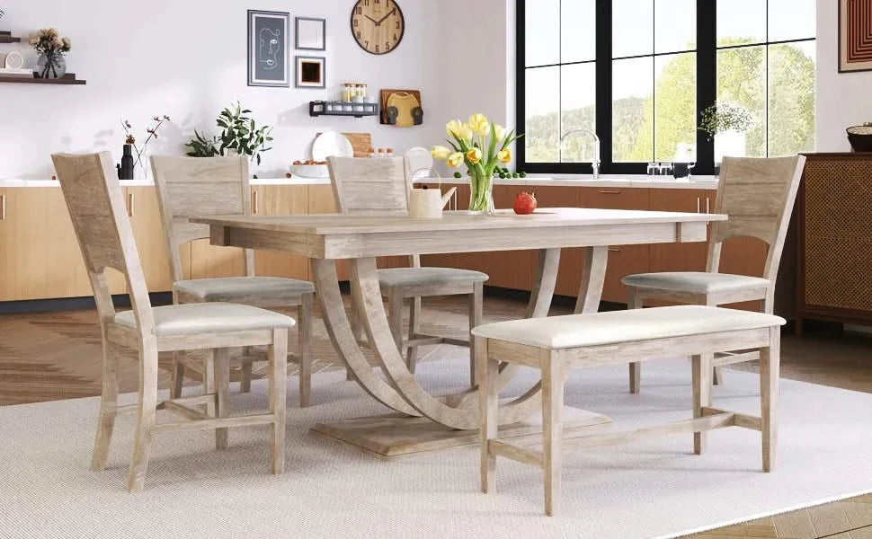 Modern Style Natural Wood 6-Piece Dining Table Set with Bench and Chairs, Upholstered Seats, Rubberwood Frame Default -DTYStore