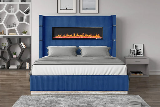 Modern Style Upholstery King 4 Piece(Includes: King Size Bed, Nightstand , Dresser, and Mirror) Fireplace Bedroom Set made with wood in Blue Default -DTYStore
