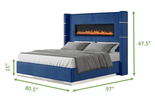 Modern Style Upholstery King 4 Piece(Includes: King Size Bed, Nightstand , Dresser, and Mirror) Fireplace Bedroom Set made with wood in Blue Default -DTYStore