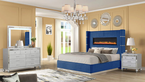 Modern Style Upholstery King 4 Piece(Includes: King Size Bed, Nightstand , Dresser, and Mirror) Fireplace Bedroom Set made with wood in Blue Default -DTYStore
