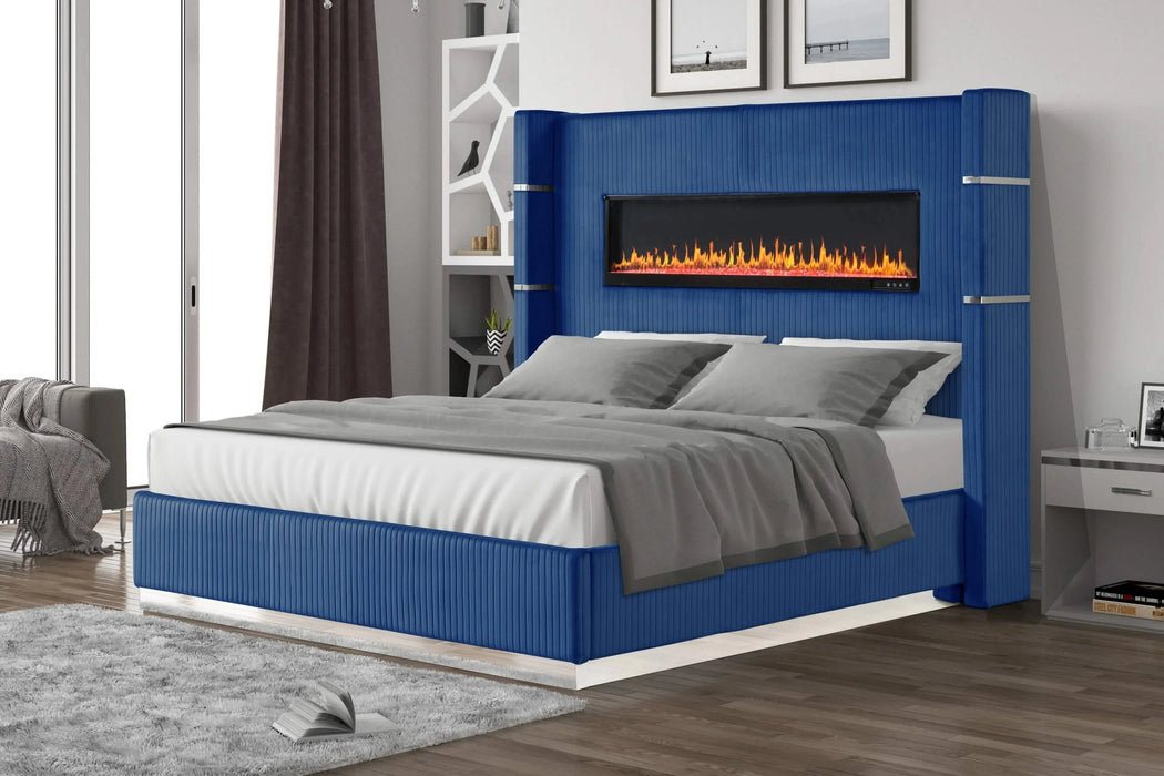 Modern Style Upholstery King 5 Piece(Includes: King Size Bed, Nightstand, Chest of Drawers, Dresser, and Mirror) Fireplace Bedroom Set made with wood in Blue Default -DTYStore