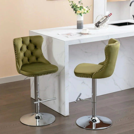 Modern Swivel Velvet Barstools with Adjustable Seat Height and Chrome Base, Olive Green, Set of 2 Default -DTYStore