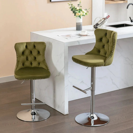 Modern Swivel Velvet Barstools with Adjustable Seat Height and Chrome Base, Olive Green, Set of 2 Default -DTYStore