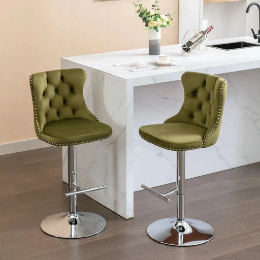 Modern Swivel Velvet Barstools with Adjustable Seat Height and Chrome Base, Olive Green, Set of 2 Default -DTYStore