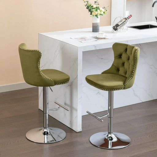 Modern Swivel Velvet Barstools with Adjustable Seat Height and Chrome Base, Olive Green, Set of 2 Default -DTYStore