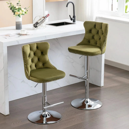 Modern Swivel Velvet Barstools with Adjustable Seat Height and Chrome Base, Olive Green, Set of 2 Default -DTYStore
