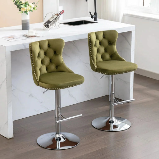 Modern Swivel Velvet Barstools with Adjustable Seat Height and Chrome Base, Olive Green, Set of 2 Default -DTYStore