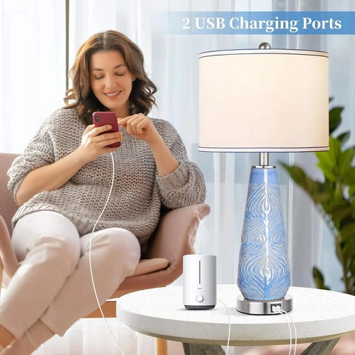 Modern Table Lamp Set of 2 Touch Control, 27' Tall Blue Art Ceramic Bedside Lamp with USB Ports, 3-Way Dimmable Hand Crafted Nightstand Lamps with White Shade for Living Room Bedroom Office Default -DTYStore