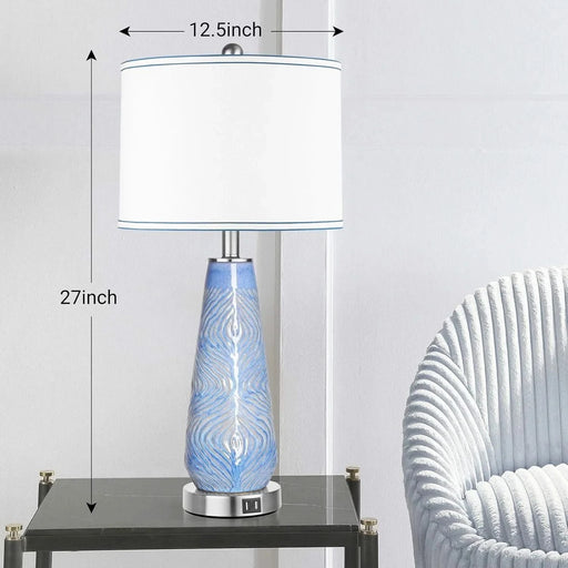 Modern Table Lamp Set of 2 Touch Control, 27' Tall Blue Art Ceramic Bedside Lamp with USB Ports, 3-Way Dimmable Hand Crafted Nightstand Lamps with White Shade for Living Room Bedroom Office Default -DTYStore