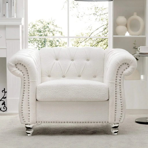 Modern Teddy Velvet 1 Seater Sofa for Living Room, White, Acrylic Legs, 38.98'W x 32.09'D x 28.35'H Default -DTYStore