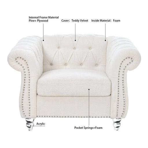 Modern Teddy Velvet 1 Seater Sofa for Living Room, White, Acrylic Legs, 38.98'W x 32.09'D x 28.35'H Default -DTYStore