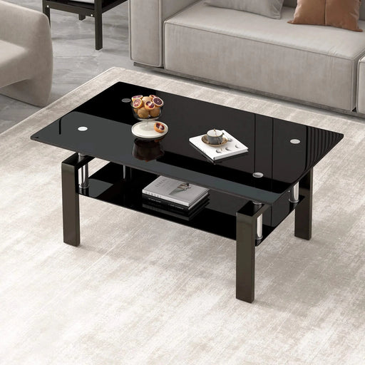 Modern Tempered Black Glass Coffee Table with 2-Layers and Waterfall Edges for Living Room Default -DTYStore
