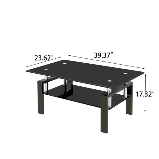 Modern Tempered Black Glass Coffee Table with 2-Layers and Waterfall Edges for Living Room Default -DTYStore