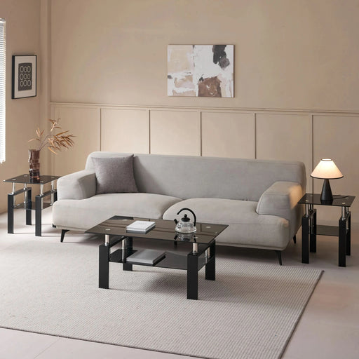 Modern Tempered Black Glass Coffee Table with 2-Layers and Waterfall Edges for Living Room Default -DTYStore