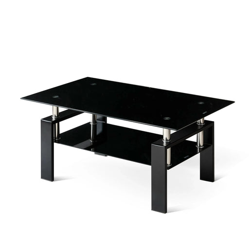 Modern Tempered Black Glass Coffee Table with 2-Layers and Waterfall Edges for Living Room Default -DTYStore