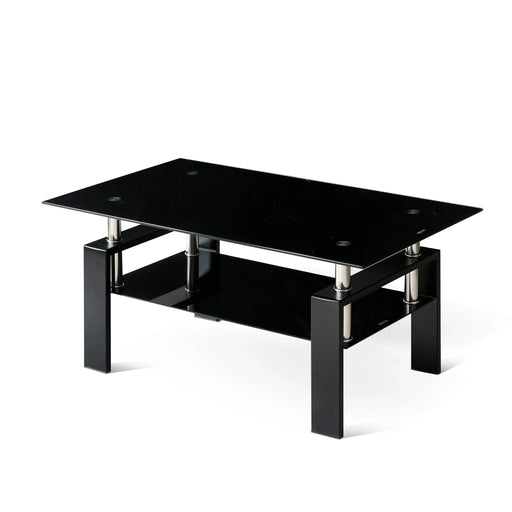 Modern Tempered Black Glass Coffee Table with 2-Layers and Waterfall Edges for Living Room Default -DTYStore