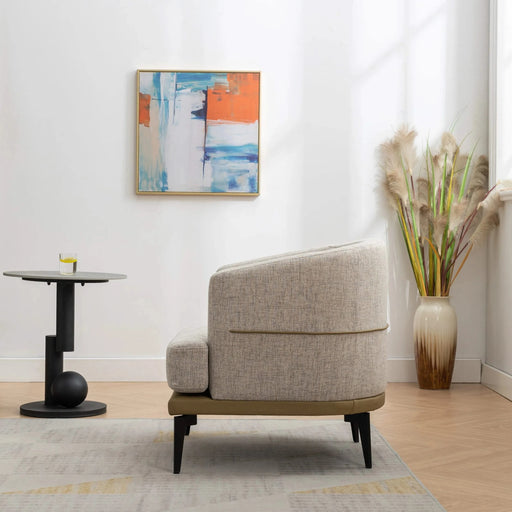 Modern Two-tone Barrel Fabric Chair, Upholstered Round Armchair in Mustard Green with Linen and PU Leather Default -DTYStore