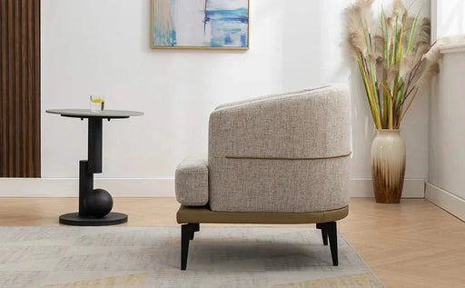 Modern Two-tone Barrel Fabric Chair, Upholstered Round Armchair in Mustard Green with Linen and PU Leather Default -DTYStore