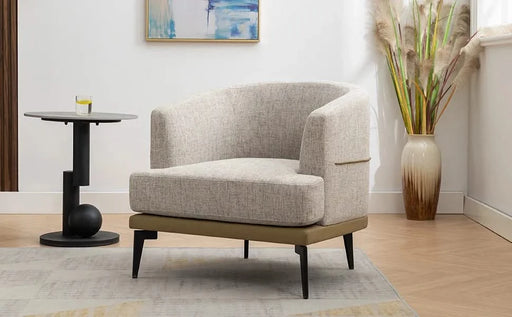 Modern Two-tone Barrel Fabric Chair, Upholstered Round Armchair in Mustard Green with Linen and PU Leather Default -DTYStore