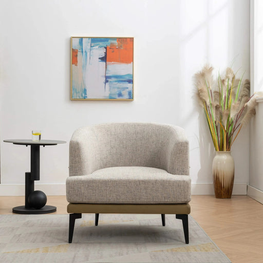 Modern Two-tone Barrel Fabric Chair, Upholstered Round Armchair in Mustard Green with Linen and PU Leather Default -DTYStore