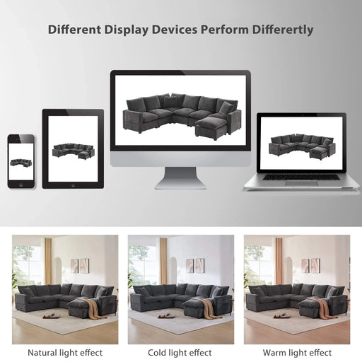 Modern U Shape Modular Sofa, 7 Seat Chenille Sectional Couch Set with 2 Pillows, Freely Combinable Indoor Furniture, 2 Colors Default -DTYStore