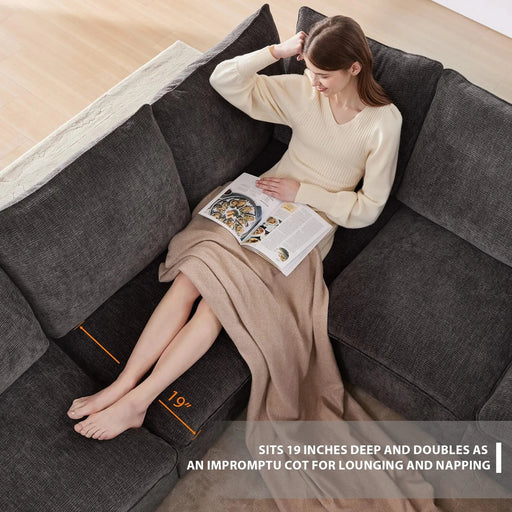 Modern U Shape Modular Sofa, 7 Seat Chenille Sectional Couch Set with 2 Pillows, Freely Combinable Indoor Furniture, 2 Colors Default -DTYStore