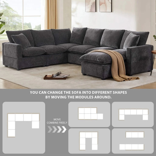 Modern U Shape Modular Sofa, 7 Seat Chenille Sectional Couch Set with 2 Pillows, Freely Combinable Indoor Furniture, 2 Colors Default -DTYStore