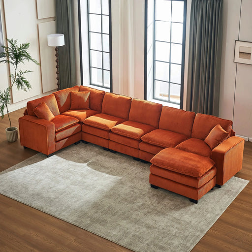 Modern U Shaped 6-seat Sectional Sofa Couch with one Ottoman and three toss pillows ,Modular Sofa for Living Room,Corduroy sofa Default -DTYStore