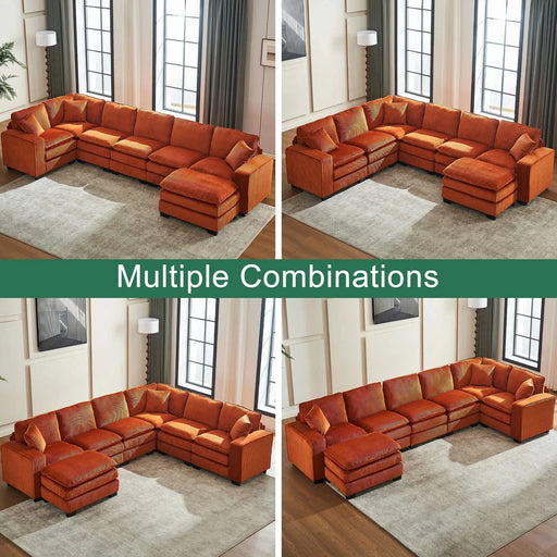 Modern U Shaped 6-seat Sectional Sofa Couch with one Ottoman and three toss pillows ,Modular Sofa for Living Room,Corduroy sofa Default -DTYStore