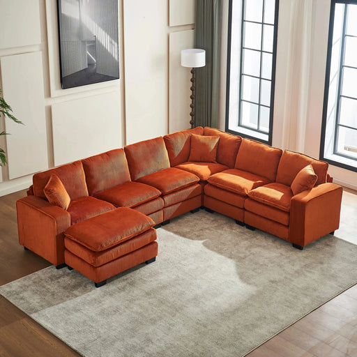 Modern U Shaped 6-seat Sectional Sofa Couch with one Ottoman and three toss pillows ,Modular Sofa for Living Room,Corduroy sofa Default -DTYStore
