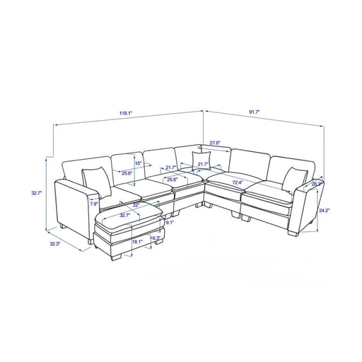 Modern U Shaped 6-seat Sectional Sofa Couch with one Ottoman and three toss pillows ,Modular Sofa for Living Room,Corduroy sofa Default -DTYStore