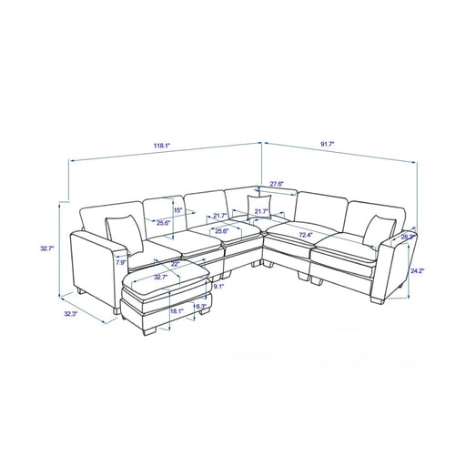 Modern U Shaped 6-seat Sectional Sofa Couch with one Ottoman and three toss pillows ,Modular Sofa for Living Room,Corduroy sofa Default -DTYStore