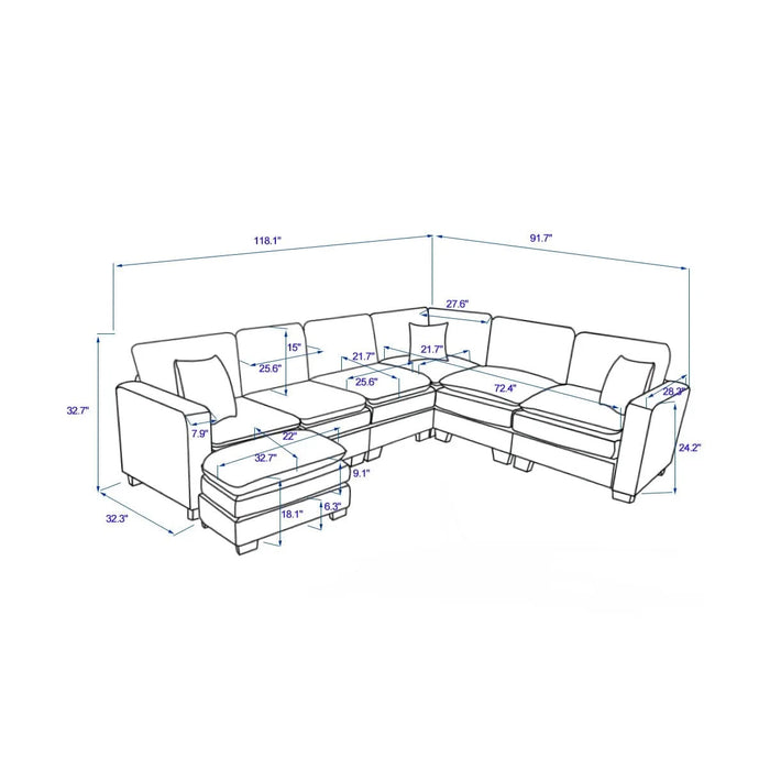 Modern U Shaped 6-seat Sectional Sofa Couch with one Ottoman and three toss pillows ,Modular Sofa for Living Room,Corduroy sofa Default -DTYStore